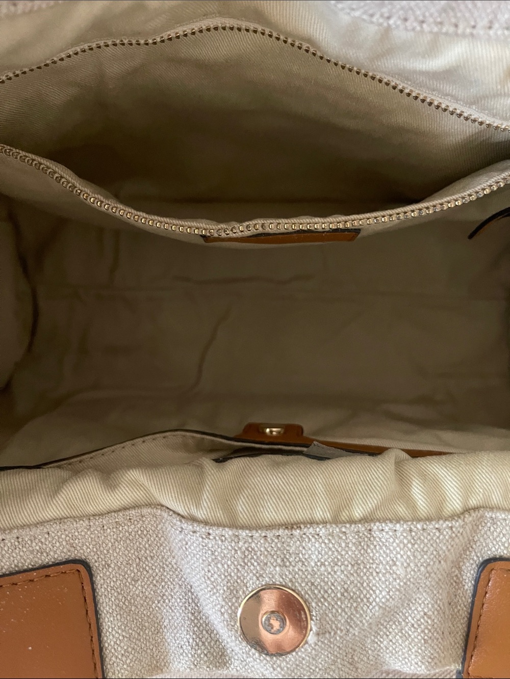 Tory Burch Canvas Tote with Multicolor Embroidered Medallion & Tan Trim - Picture 6 of 10